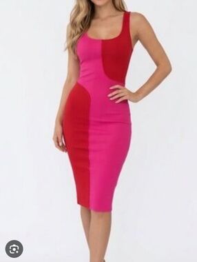 Naked Wardrobe Pink Red Colorblock Bodycon Midi Dress Ribbed Stretch XL NWOT